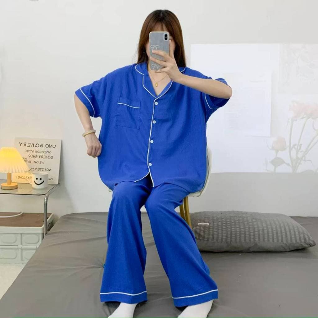 ชุดนอนผ้าไหมญี่ปุ่นสีพื้น เเขนสั้น-ขายาว ผ้านิ่มใส่สบาย บิ๊กไซส์ อก52 รูปที่ 7