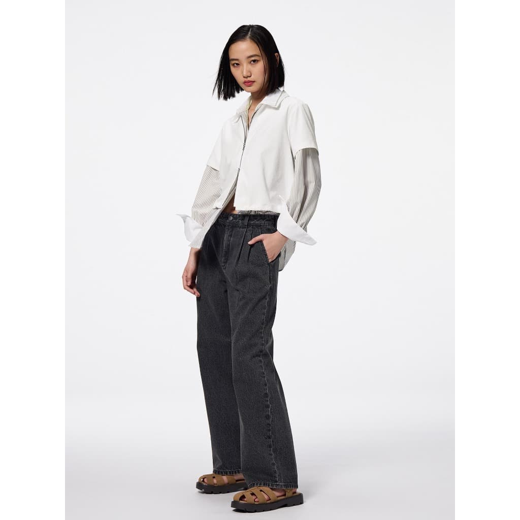 GU กางเกงผ้าเดนิมส์ จับจีบ ทรงขากว้างตรง เอวสูง /GU Denim Tuck Trouser รูปที่ 7