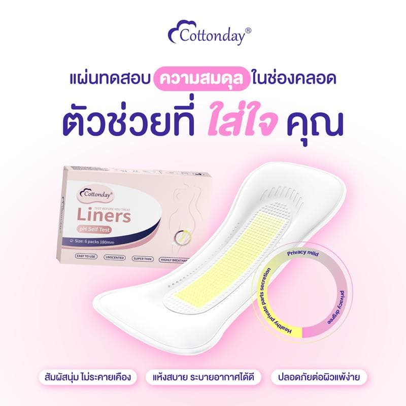 Cottonday pH Self Test Liners แผ่นอนามัยวัด pH ในจุดซ่อนเร้น 18 ซม. 6 ชิ้น ของใช้ผู้หญิง รูปที่ 2