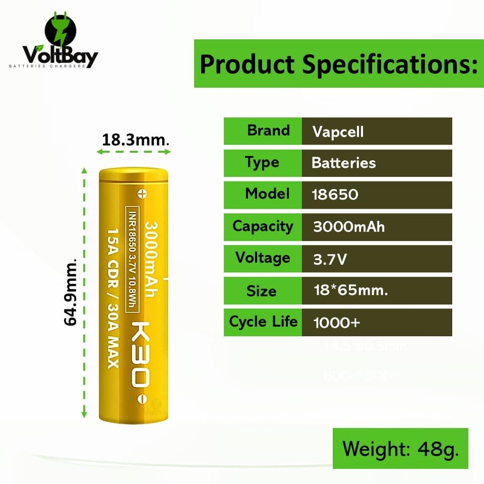 ถ่านชาร์จ Vapcell สีทอง รุ่น 18650 K30 3000mAh 3.7V 15A/30A รูปที่ 2
