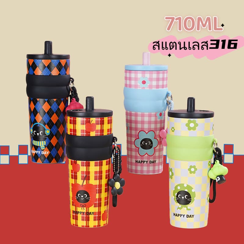 ถ้วยเก็บความร้อน 710ML แก้วเก็บความเย็น จุขนาดใหญ่ 316 สแตนเลส ไตล์น่ารักใหม่ พร้อมหลอด แก้วกาแฟ ลายน่ารัก รูปที่ 1