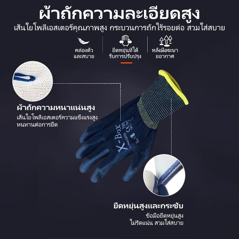 ST01 X-Box ถุงมือทำงาน ถุงมือนิรภัย กันลื่น ไนล่อนเคลือบ PU สีดำ ใส่สบาย ถนัดมือ คุณภาพดี รูปที่ 2