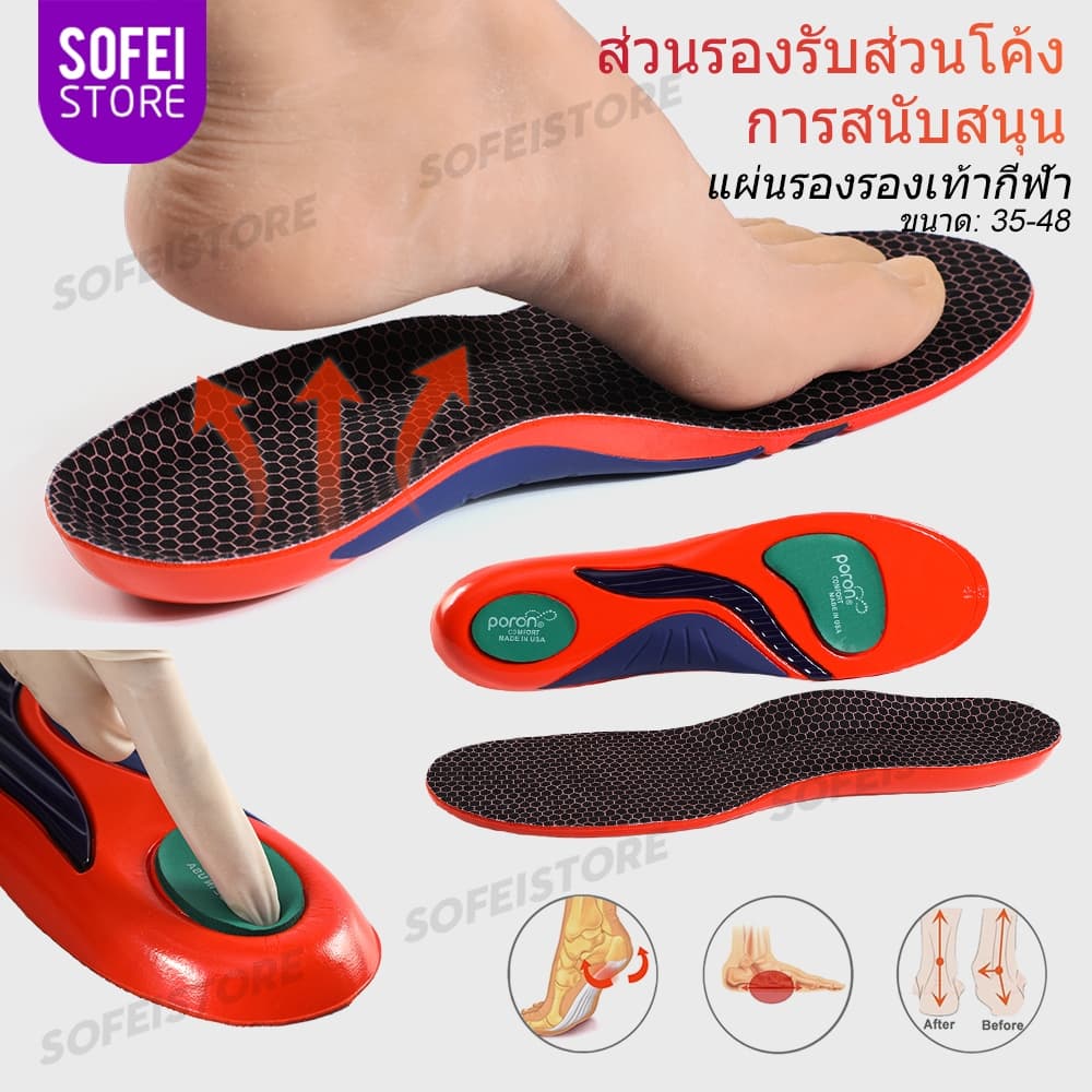Poron พื้นรองเท้าแบบโค้งแบนดูดซับแรงกระแทกบรรเทาอาการปวดส้นเท้า1คู่