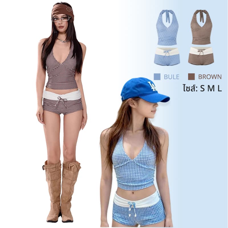 Hot.Bikiniชายหาด swimsuit ผู้หญิง บิกินี่ ลายสก๊อต คอวีลึก เว้าหลัง สไตล์ฤดูร้อนใหม่ จัดส่งตอนนี้ รูปที่ 1