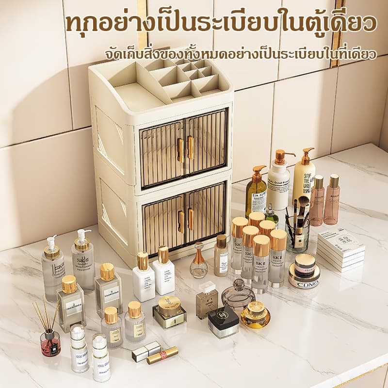 กล่องเก็บเครื่องสำอางแบบมีฝาปิด ลิ้นชัก ใส แบ่งสล็อตลิปสติก แปรงแต่งหน้า ชั้นวางหลายชั้น ความจุใหญ่ ป้องกันฝุ่นและกันน้ำ รูปที่ 4