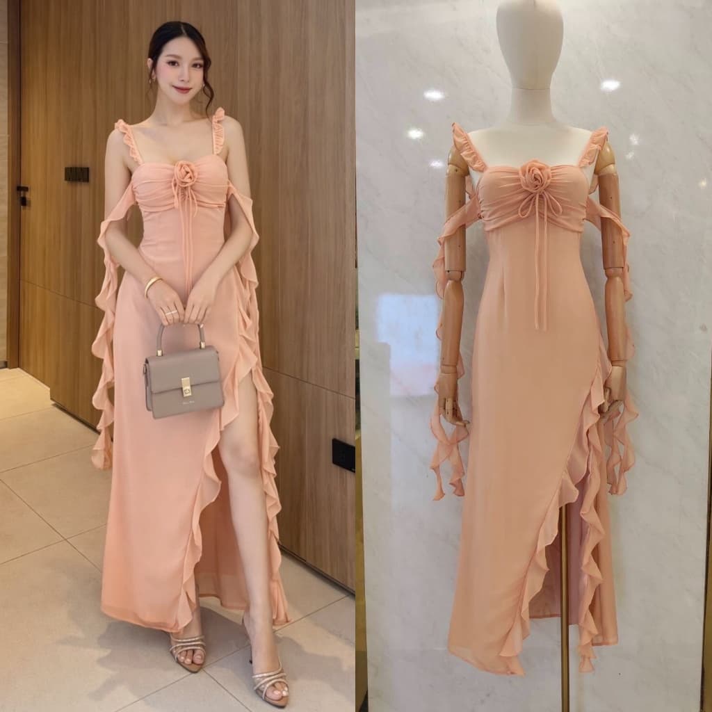 ร้านโค้ดคุ้มNABI ชุดเดรสสายเดี่ยว แต่งดอกไม้ ชมพู เขียว ใส่ออกงาน งานแต่ง ดินเนอร์ เพื่อนเจ้าสาว รูปที่ 2