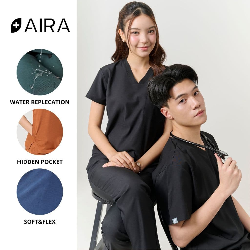 ชุดสครับ พร้อมปักชื่อ สะท้อนน้ำ Aira Scrubs สีดำ รูปที่ 1
