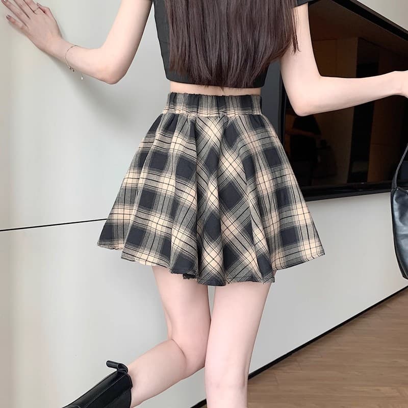 S~5XL Mini Plaid skirt สีน้ำตาล กระโปรงลายสก็อตเอวสูงสไตล์เกาหลีเรโทร กระโปรงสั้นทรงเอไลน์แบบไม่สมมาตรสุดเก๋ HOT รูปที่ 4