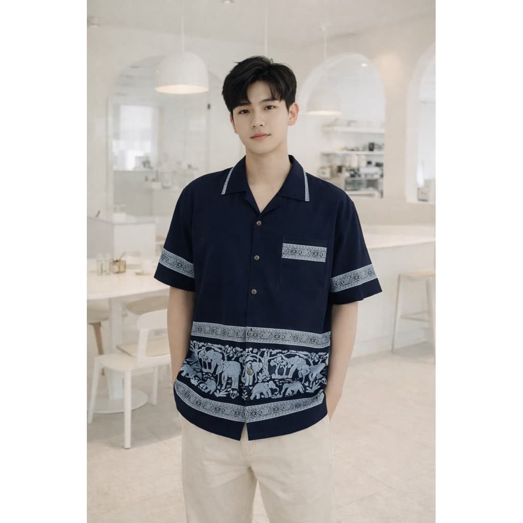 เสื้อผ้าฝ้าย เสื้อพื้นเมือง คอปก ผู้ชาย พิมพ์ลายช้าง แต่งกระดุมไม้ ผ้านุ่ม ใส่สบาย ไม่ร้อน รูปที่ 2