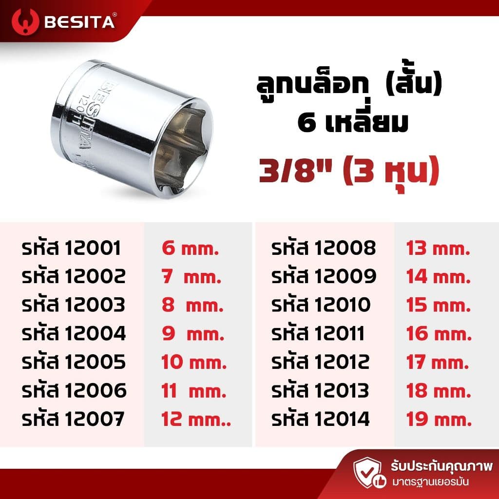 ลูกบล็อก ลูกบล็อก6เหลี่ยม 3หุน 3/8 ขนาด 6-19mm BESITA เบสิต้า รับประกันตลอดอายุการใช้งาน รูปที่ 6