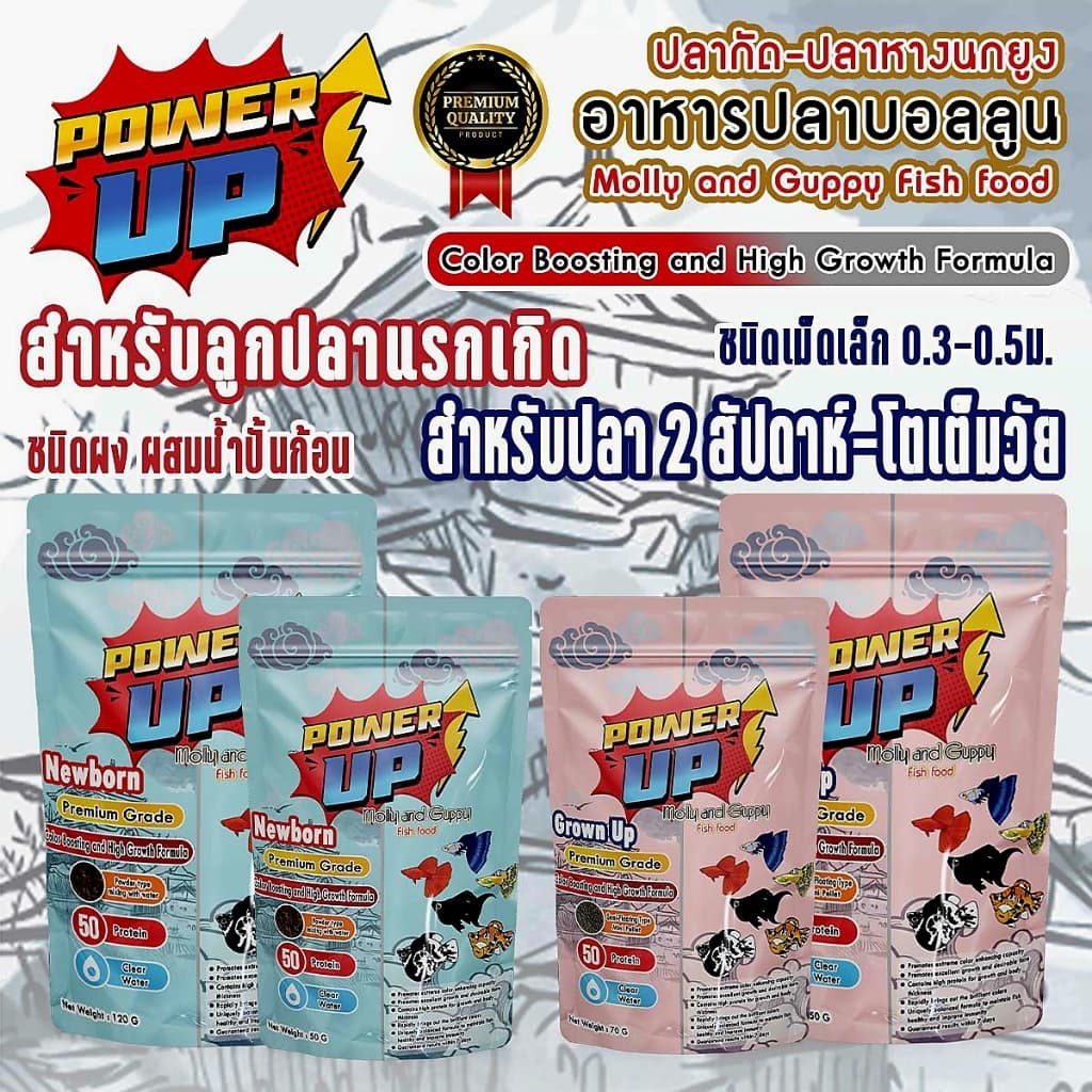 PowerUp อาหารลูกปลาแรกเกิด-โตเต็มวัย ขับลม สารอาหาร แร่ธาติครบ จบในซอง สำหรับปลาบอลลูน•ปลาหางนกยูง•ปลากัด