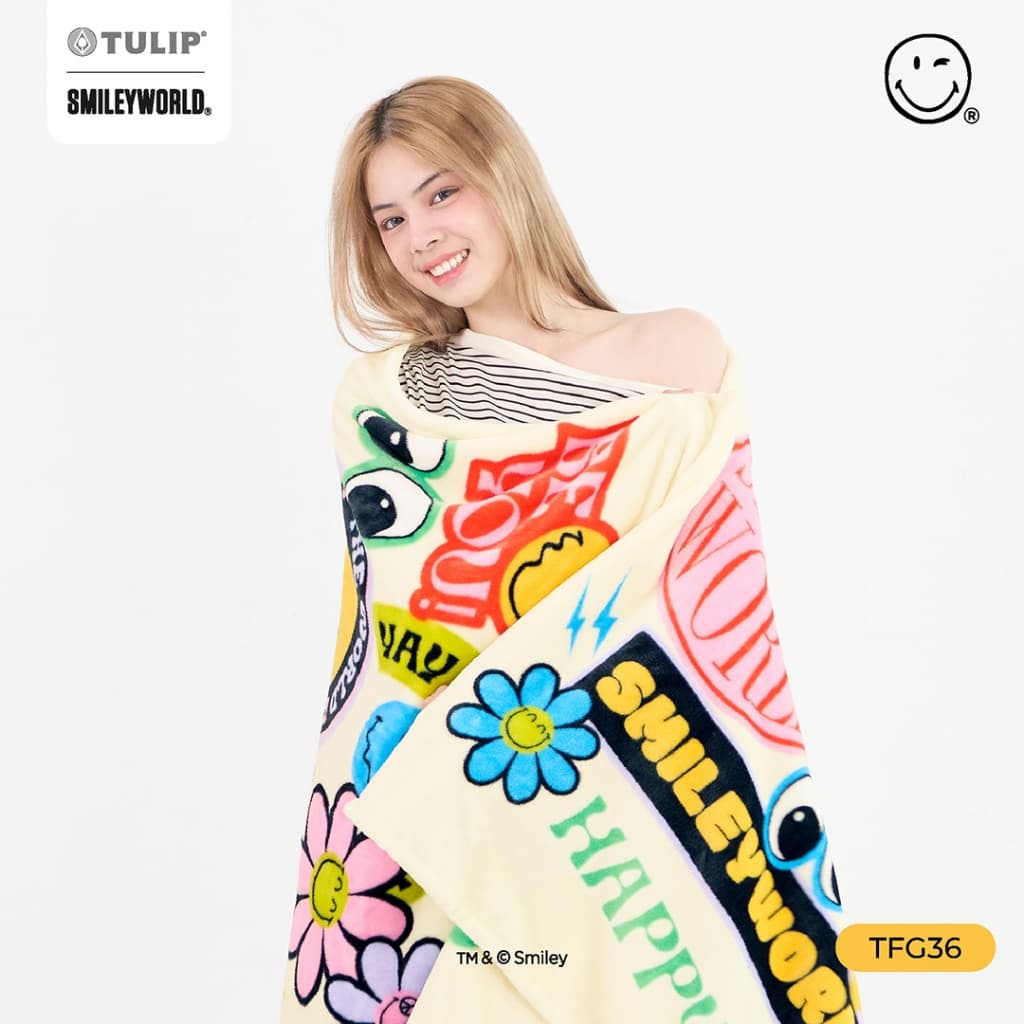 TULIP Fleece SmileyWorld ผ้าห่มขนแกะเทียม TFG36 สไมลีย์เวิลด์ ลิขสิทธิ์แท้ ผ้าห่มฟลีซ หนานุ่ม Smiley World รูปที่ 6