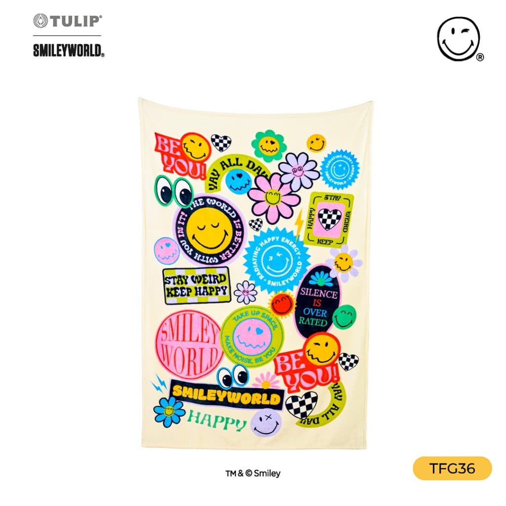 TULIP Fleece SmileyWorld ผ้าห่มขนแกะเทียม TFG36 สไมลีย์เวิลด์ ลิขสิทธิ์แท้ ผ้าห่มฟลีซ หนานุ่ม Smiley World รูปที่ 1