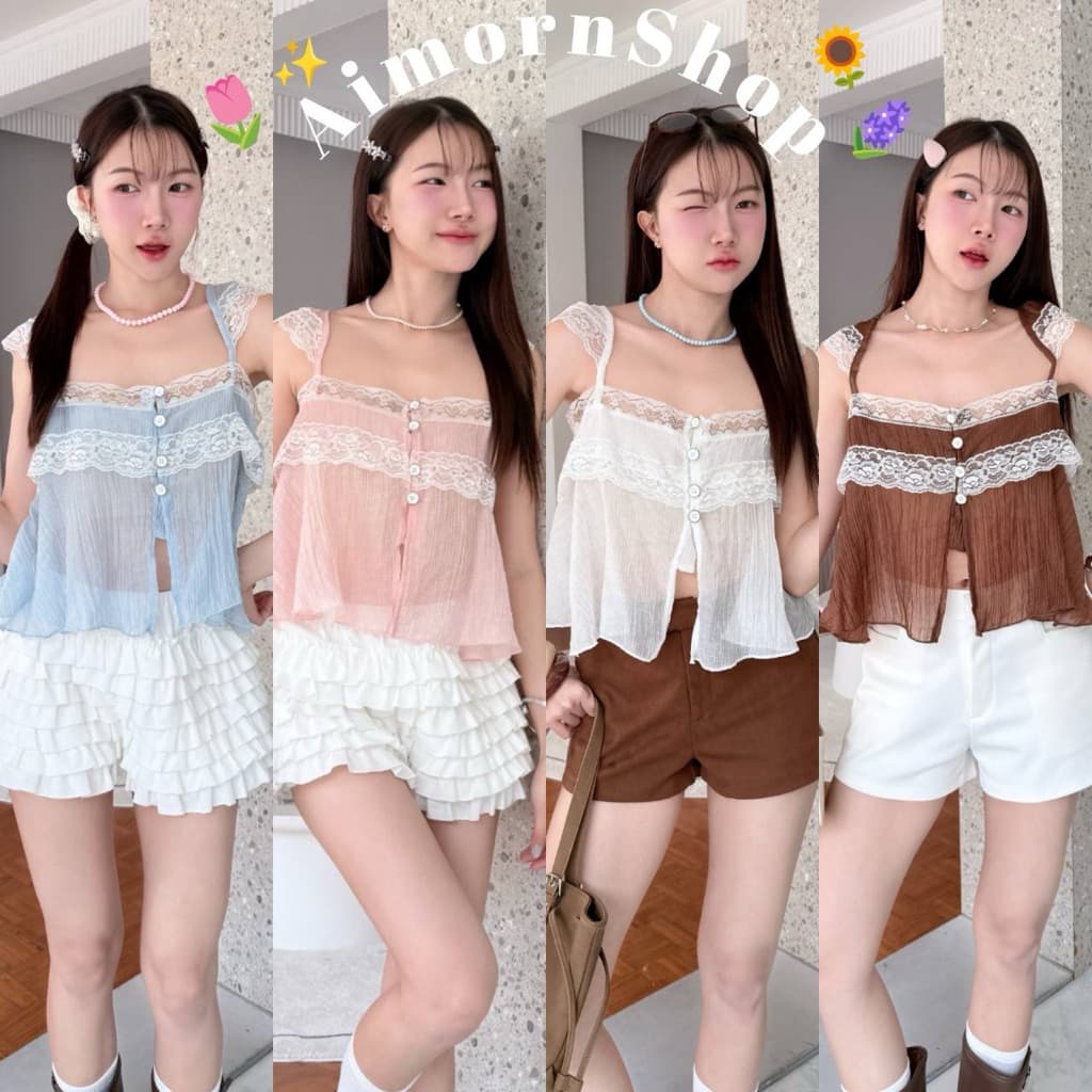 aimorn_shopเสื้อสายเดี่ยว ลายจุด ผ้าบาง ขอบติดลูกไม้น่ารักๆ ด้านหน้าแหวกเพิ่มความเซ็กซี่ งานใส่สบาย รูปที่ 7
