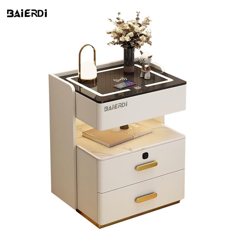 BAIERDI ตู้ข้างเตียงอัจฉริยะรุ่นใหม่ ทันสมัยและเรียบง่าย ชาร์จไร้สาย มัลติฟังก์ชั่น พร้อมลำโพง ปลดล็อกด้วยลายนิ้วมือ ตู้ รูปที่ 1
