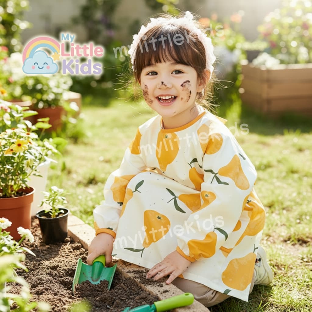 Apron ลายลูกแพร์ ผ้ากันเปื้อนเด็ก 90-120 cm แขนยาว ชุดเอี๊ยมกันเปื้อน ทำอาหาร เรียนศิลปะ กันน้ำแห้งไว ปลอดภัย เนื้อผ้าดี รูปที่ 2