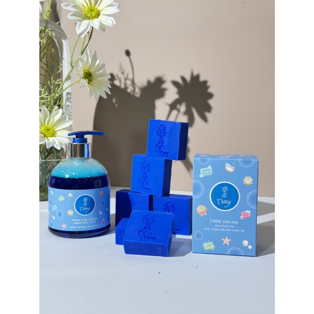 E'ning เซตสบู่ Blue ALPHA ARBUTIN SOAP 65ก. 6 ก้อน+E'ning อาบน้ำสบู่เหลว #Blue 500ml รูปที่ 7
