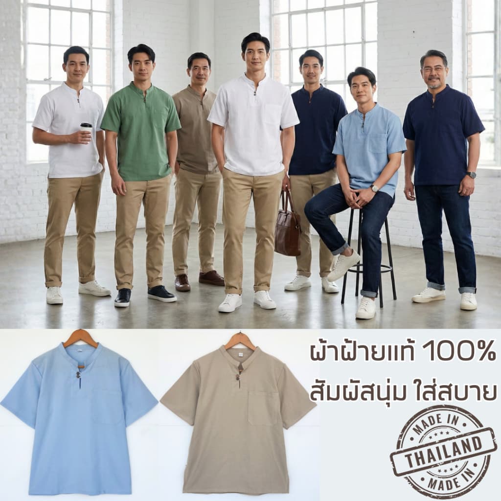 เสื้อคอจีน ผ้าฝ้ายแท้ แต่งกระดุมไม้ 2 เม็ด ใส่สบาย ไม่ร้อน