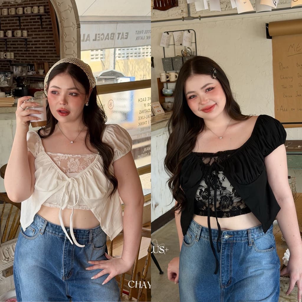 /LD/ เสื้อครอปซับในลูกไม้กุหลาบ มีไซส์อก40-52 มีเชือกผูกโบว์ เป็นเสื้อซีทรูเก๋ๆ หรือจะใส่เกาะอกด้านในแบบนางแบบ #ซัมเมอร์ รูปที่ 1