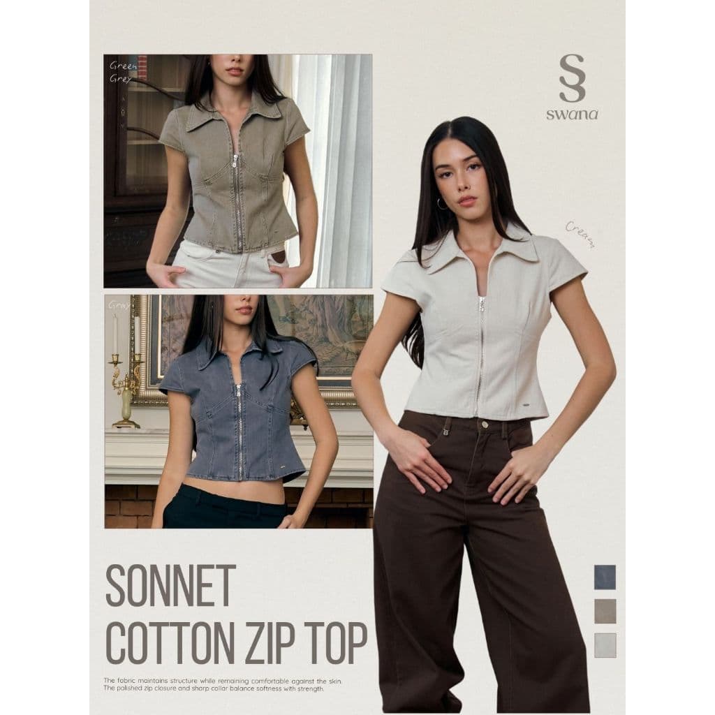 Swana.ss - Sonnet cotton zip top XS-3XL แค่เสื้อ เสิ้อแขนสั้น คอปก รูปที่ 1
