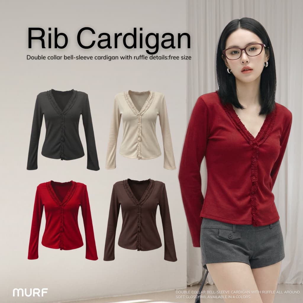 MURF Rib Cardigan - เสื้อคาร์ดิแกนผ้า GlossyRib แต่งระบาย แขนกระดิ่ง | Bell-Sleeve Cardigan T166 รูปที่ 1