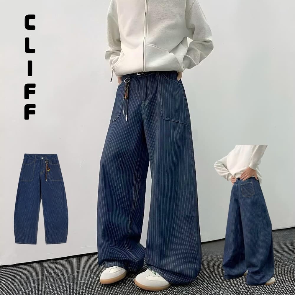 CLIFF กางเกงยีนส์ขายาวทรงหลวมผู้ชาย ลายทางตั้ง ดูผอม เอวสูง หลายกระเป๋า พักผ่อน รูปที่ 1