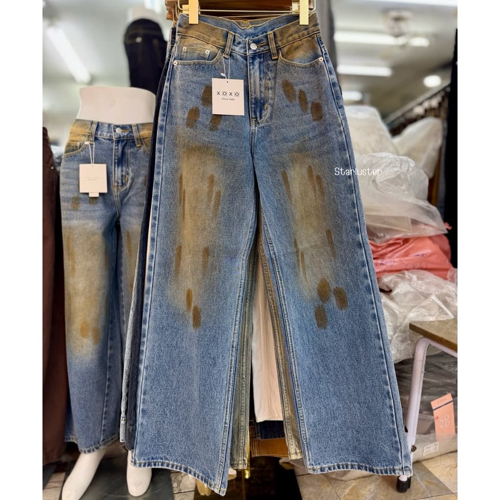 Pravve Jeans กางเกงยีนส์ขากระบอก ผ้าไม่ยืด สีสนิมเปรอะสุดอินเทรนด์ รูปที่ 5