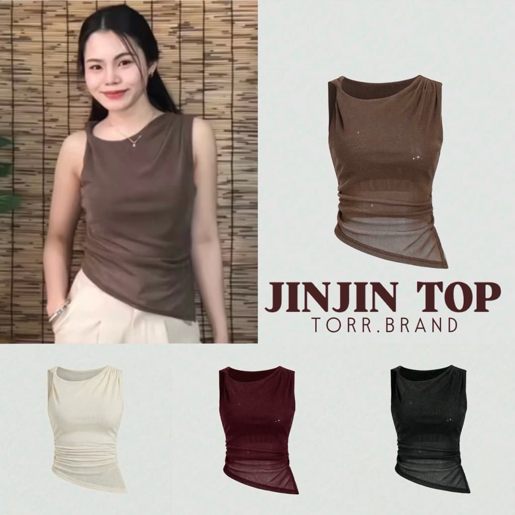 TORR.STOREJinjin Top | เสื้อแขนกุดซีทรู ดีไซน์จับจีบ บิดเกลียวฝั่งขวา เนื้อผ้าซีทรูกลิตเตอร์ละเอียด เย็บ2ชั้นครึ่งนึง รูปที่ 1