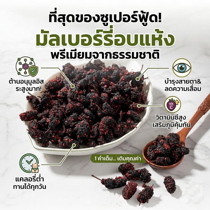 มัลเบอรี่อบแห้ง ลูกหม่อน ผลไม้อบแห้ง Mulberry dried fruit 250 กรัม ตราภูดอย สินค้าไทยปลอดภัย100% รับประกันคุณภาพ รูปที่ 4