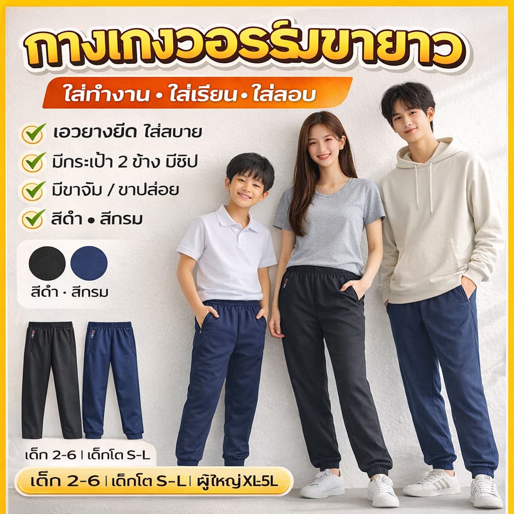 กางเกงวอร์มคุณภาพดี ขาจั๊ม/ขาปล่อย มีซิป ผ้านุ่ม ใส่สบาย ไซส์ 2-5L สีดำ/สีกรม เด็ก-ผู้ใหญ่ รูปที่ 2
