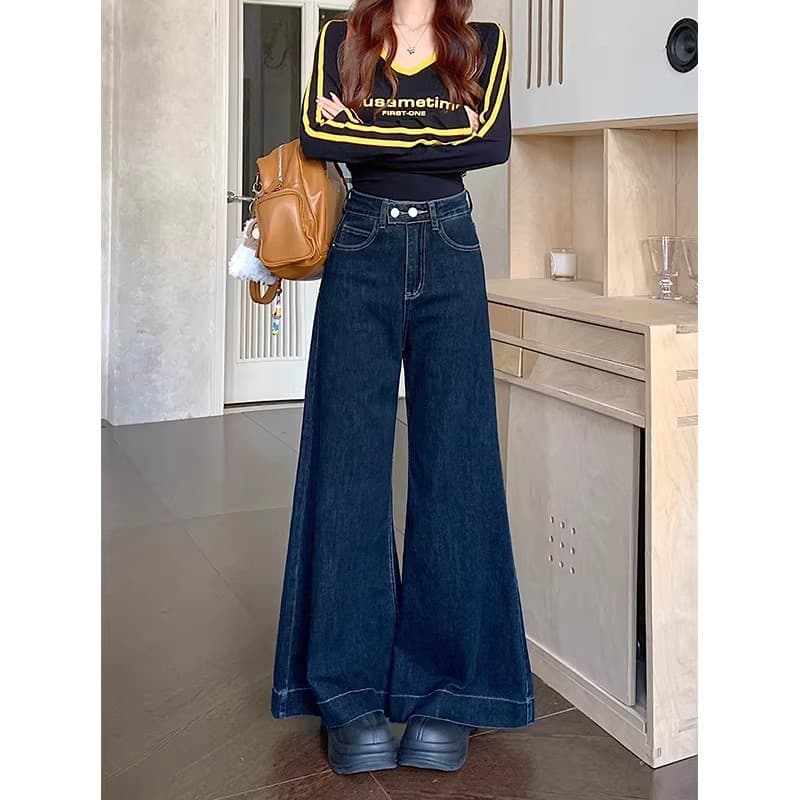 S~5XLBaggy jeans Navyblue กางเกงขายาวทรงตรงขาบานเอวสูงสีน้ำเงินเข้ม ดีไซน์แบบเรโทรสองปุ่ม กางเกงยีนส์ทรงหลวมลำลอง HOT รูปที่ 2