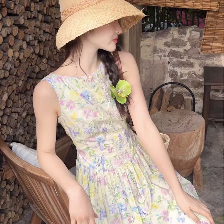 ส่ง เดรสเสื้อกล้ามลายดอกไม้สีสันสดใส สไตล์ฝรั่งเศสชนบท ทรงรัดเอวผอมสง่างาม หลวมสบาย เหมาะท่องเที่ยวฤดูร้อน รูปที่ 3