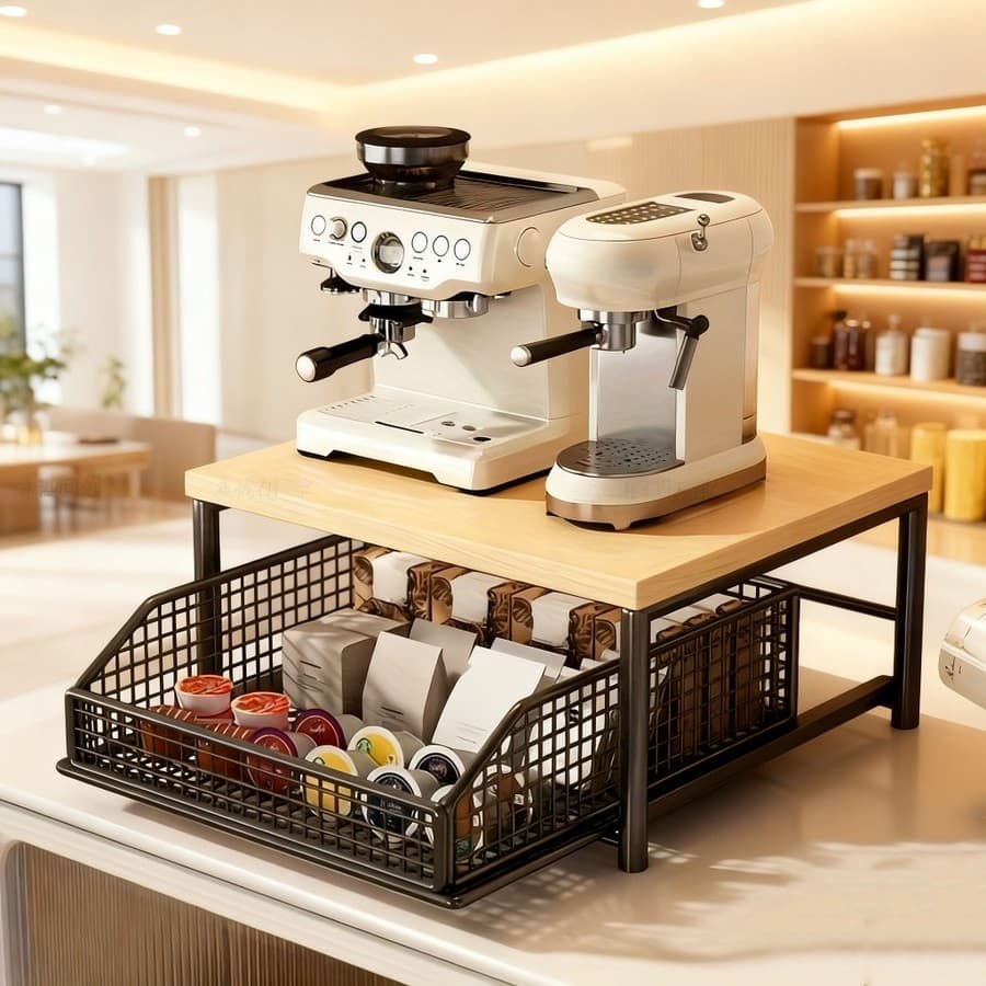 ชั้นวางเครื่องชงกาแฟแบบเคาน์เตอร์ เคาน์เตอร์บาร์บนโต๊ะถุงชาขนมปังขนมหวานชั้นวางถ้วยน้ำ รูปที่ 5