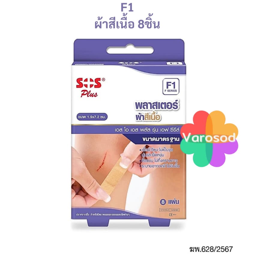 SOS PLUS พลาสเตอร์ปิดแผล ขนาด 1.9x7.2 ซม. [F1พลาสเตอร์ผ้าสีเนื้อ/ PB1พลาสติกสีเนื้อ/ PC1พลาสติกใส] รูปที่ 2