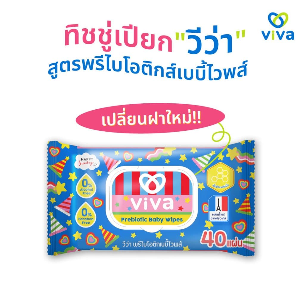 ViVa x Happy Sunday วีว่า Prebiotic Baby Wipes 40 แผ่น แพ็ค 6 ห่อ ทิชชู่เปียก สูตรพรีไบโอติกส์ รูปที่ 2