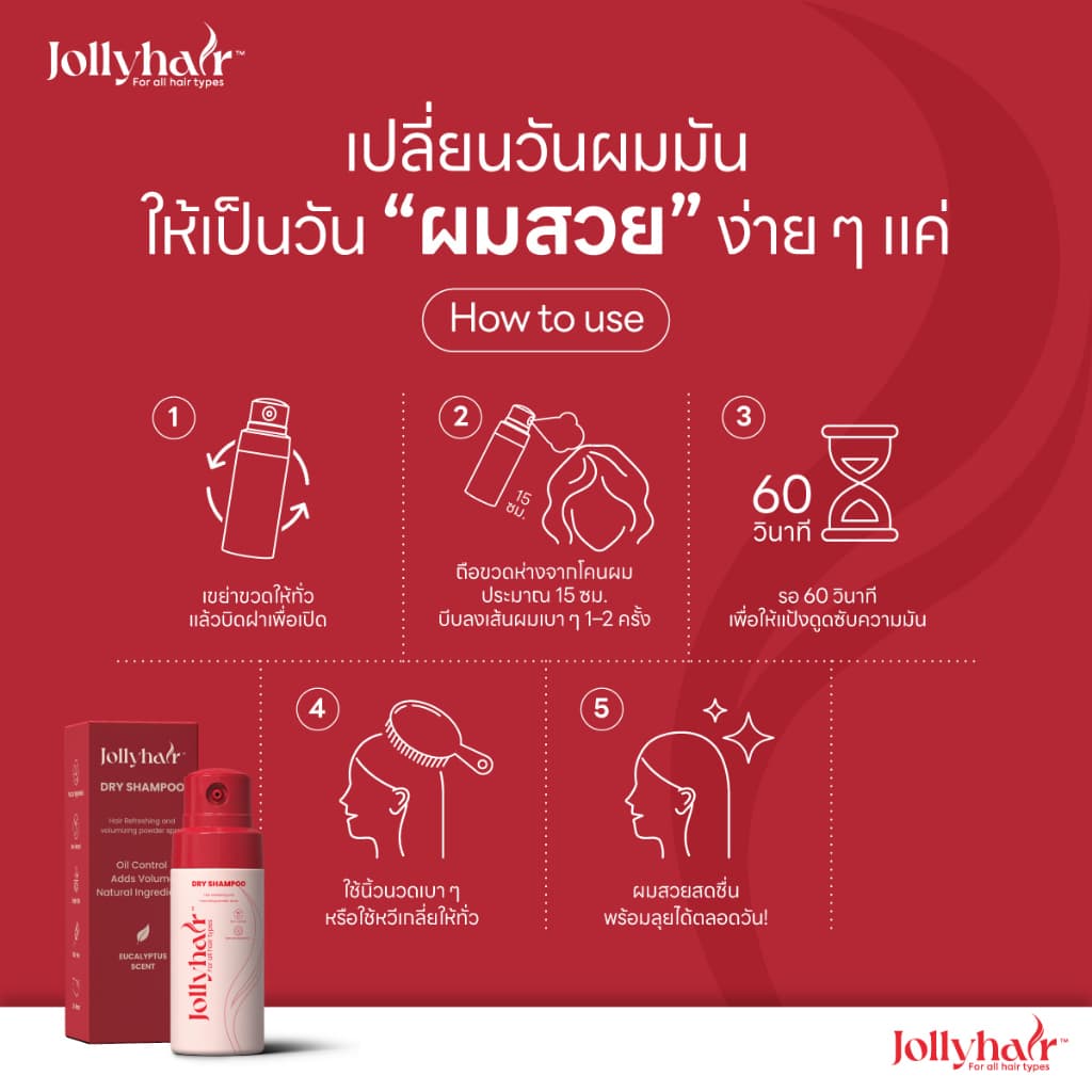 Jollyhair Dry Shampoo Spray เพิ่มวอลลุ่มและเนื้อสัมผัส ดูดซับความมัน ไม่ใช้สารอัดแก๊ส Non-Aerosol 28.5กรั รูปที่ 7