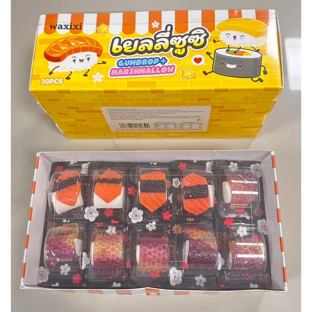 เยลลี่แซลม่อนซูชิแคนดี้ มาชเมลโล่ Waxixiเยลลี่ 1 กล่อง 30 ชิ้น เยลลี่ เคี้ยวหนึบ มาชเมลโล่ซูชิ รูปที่ 3