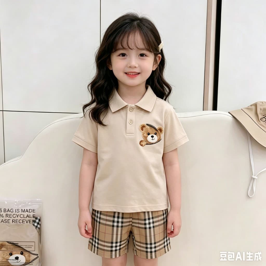 BB259 ชุดเซ็ตเด็ก ลายหมี Polo + กางเกงขาสั้นลายสก็อต ใส่เที่ยว/ออกงาน รูปที่ 5