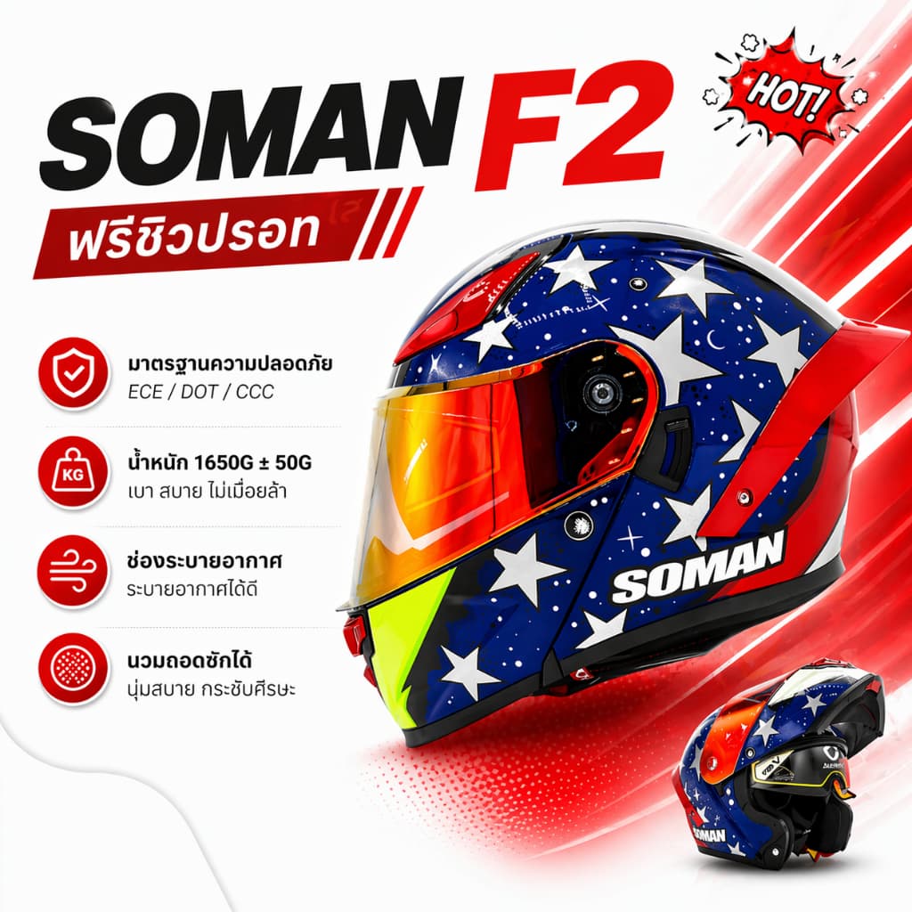 SOMAN F2 หมวกกันน็อคเต็มใบ เปิดคางได้ ดีไซน์สปอร์ต มีตัวเลือกหมวกเปล่า/พร้อมชิวปรอท รูปที่ 2