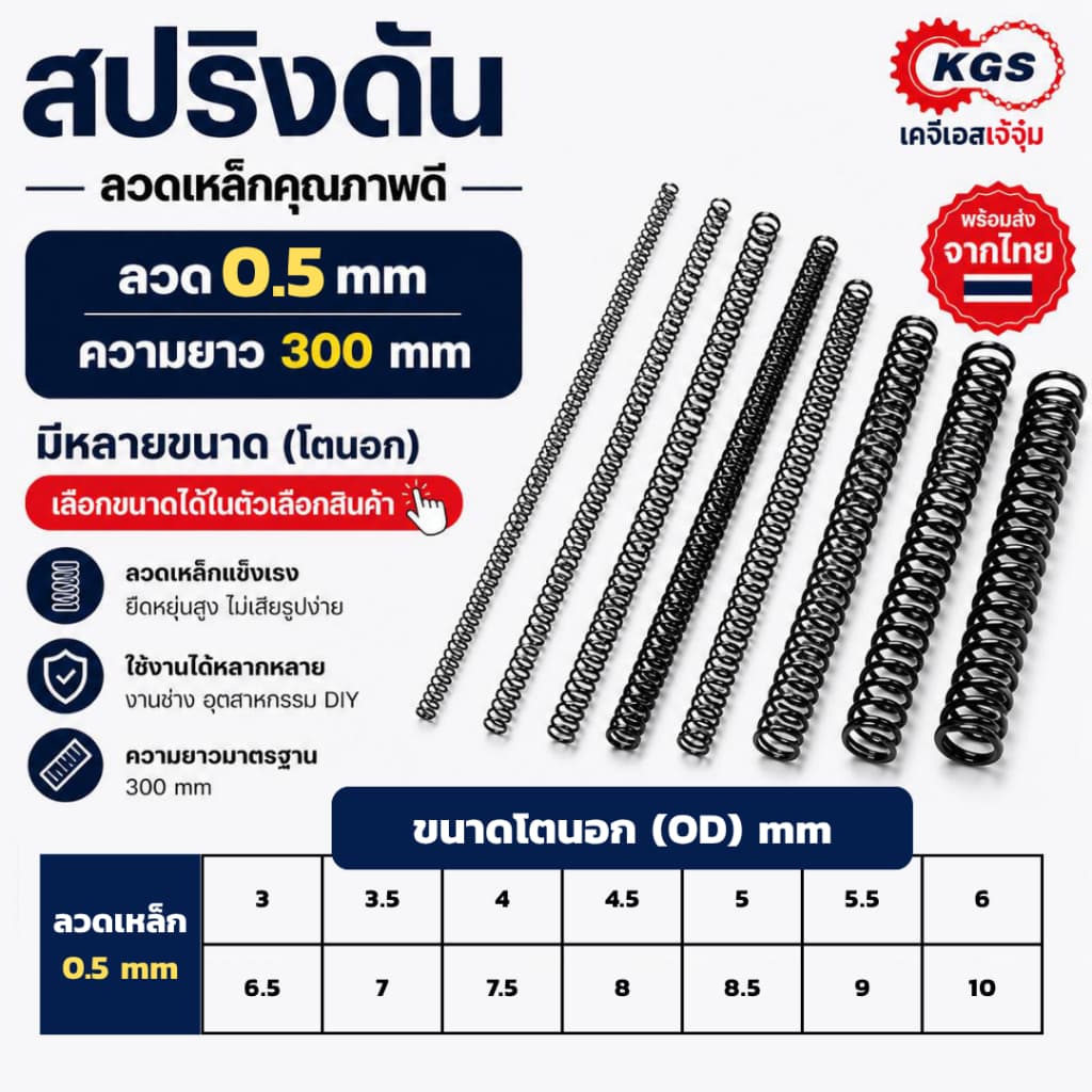สปริงดัน 0.5 mm สปริงกด ลวดเหล็ก ยาว 300 mm มีหลายขนาด OD สปริงสำเร็จรูป KGS เคจีเอสเจ้จุ๋ม รูปที่ 1