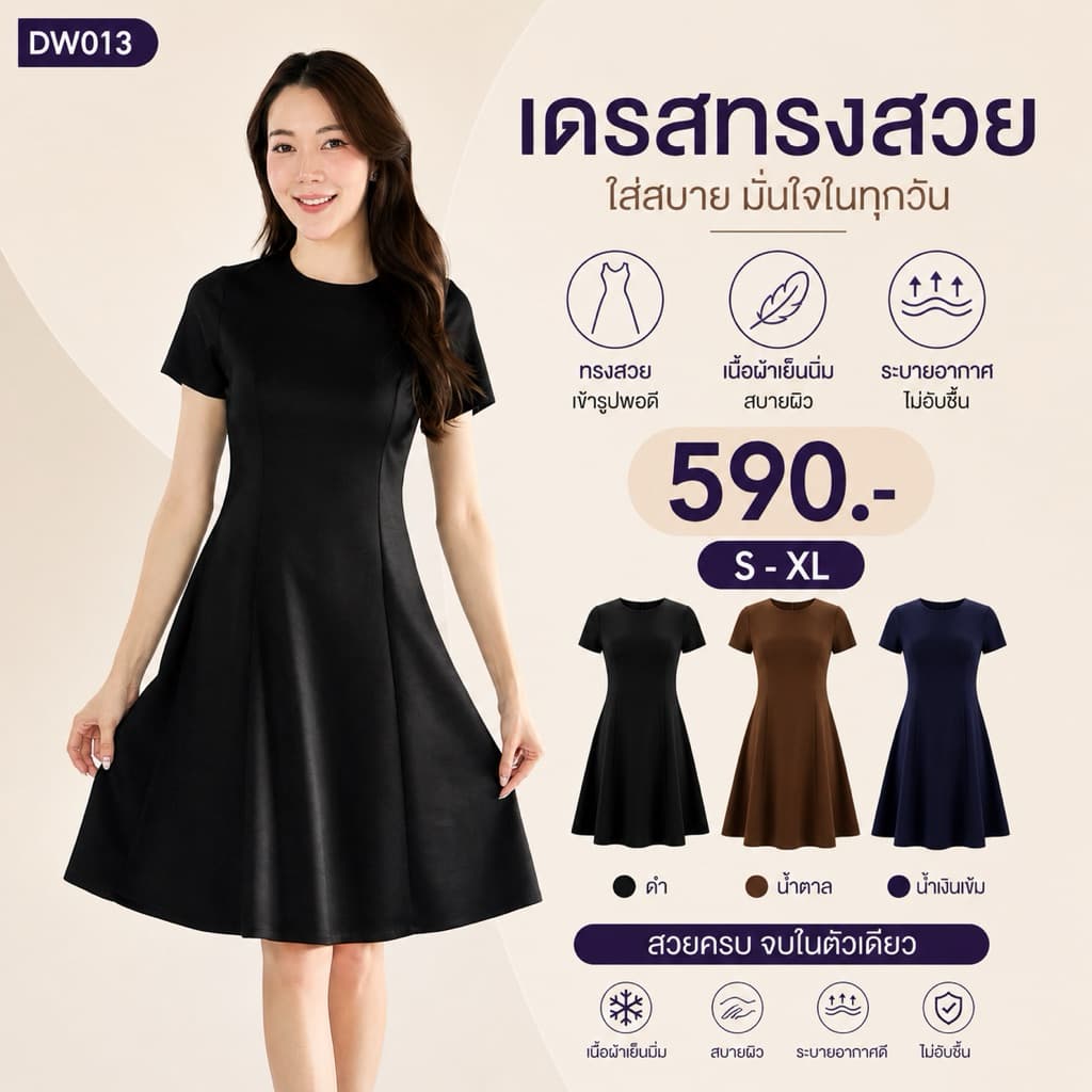 DW013# เดรสสีดำ ค่ะ เดรสแขนสั้น กระโปรงบานตีเกร็ดเอว ชุดทำงานใส่สบาย ชุดทำงานผู้หญิง แฟชั่นสาวออฟฟิศ รูปที่ 1