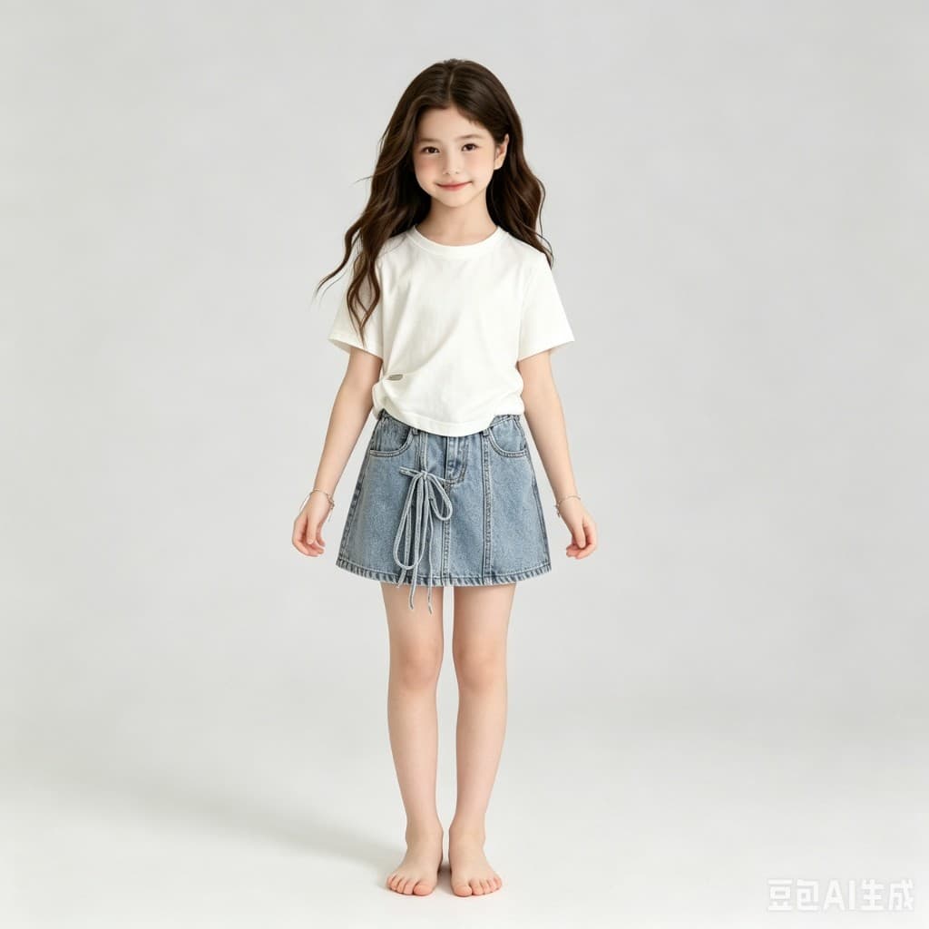 MC269 ชุดเด็กผู้หญิงสไตล์เกาหลี เสื้อยืดขาว กระโปรงยีนส์แต่งเชือก รูปที่ 2