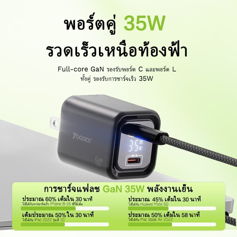 YOODEX Q37 เครื่องชาร์จเร็วแบบพอร์ตคู่ 35W L + C เครื่องชาร์จโทรศัพท์มือถือสำหรับโทรศัพท์ Ap&le และ And&oid รูปที่ 5