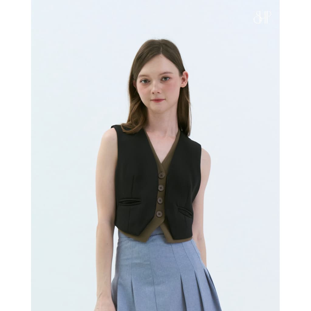 TWO-TONE CROP VEST เสื้อเวสต์แขนกุดดีไซน์เลเยอร์สองสี เหมือนใส่สองตัวในตัวเดียว รูปที่ 4