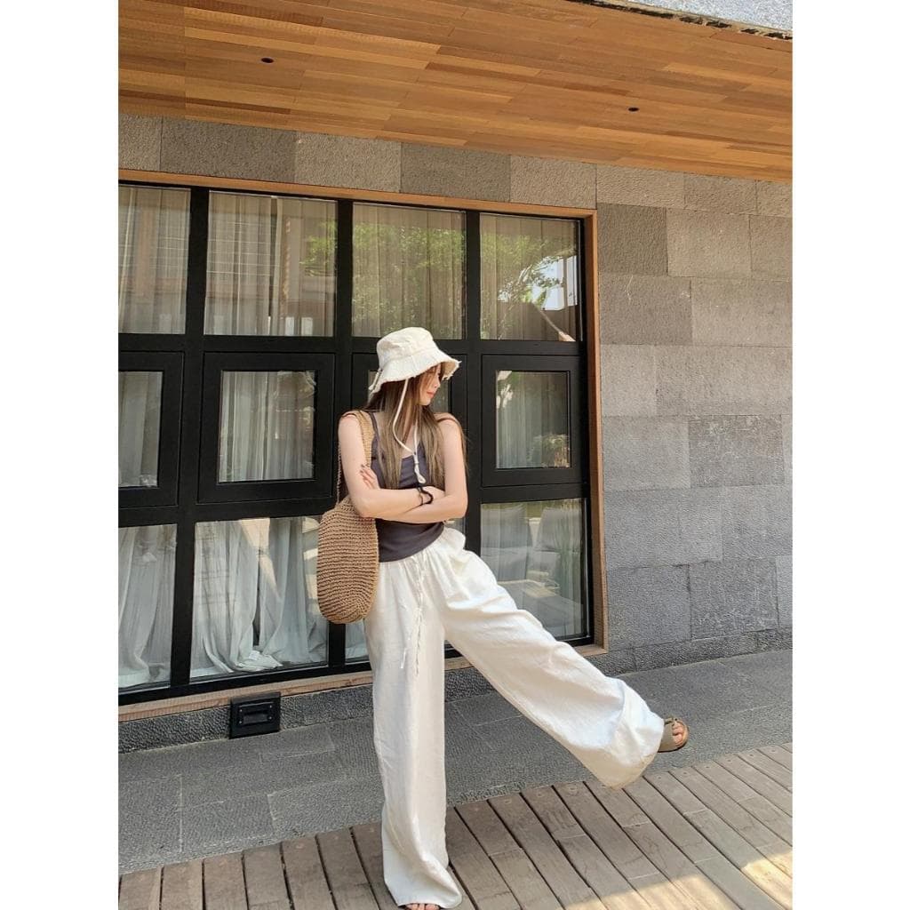 Beryl กางเกงขายาวใส่สบายๆ กางเกงสายฝอผู้หญิง สีพื้น สไตล์ลำลองหลวมๆ ย้อนยุค สไตล์ขี้เกียจเกาหลี รูปที่ 5