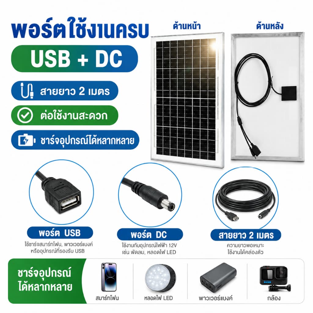 แผงโซล่าเซลล์ 30W 18V USB+DC สาย 2 เมตร ใช้งานกลางแจ้ง สำหรับไฟสนาม กล้องวงจรปิด พาวเวอร์แบงค์ รูปที่ 5
