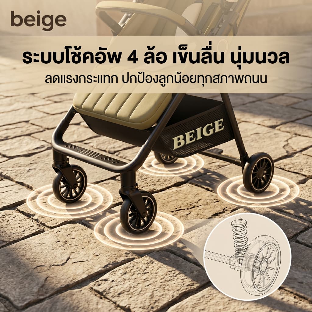 Beige รถเข็นเด็กพับได้ 4.9KG เข็นได้ 2 ทิศทาง รถเข็นเด็กแรกเกิด 0-6 ปี ล้อ 360° มีเบรก พกพาง่าย รูปที่ 5