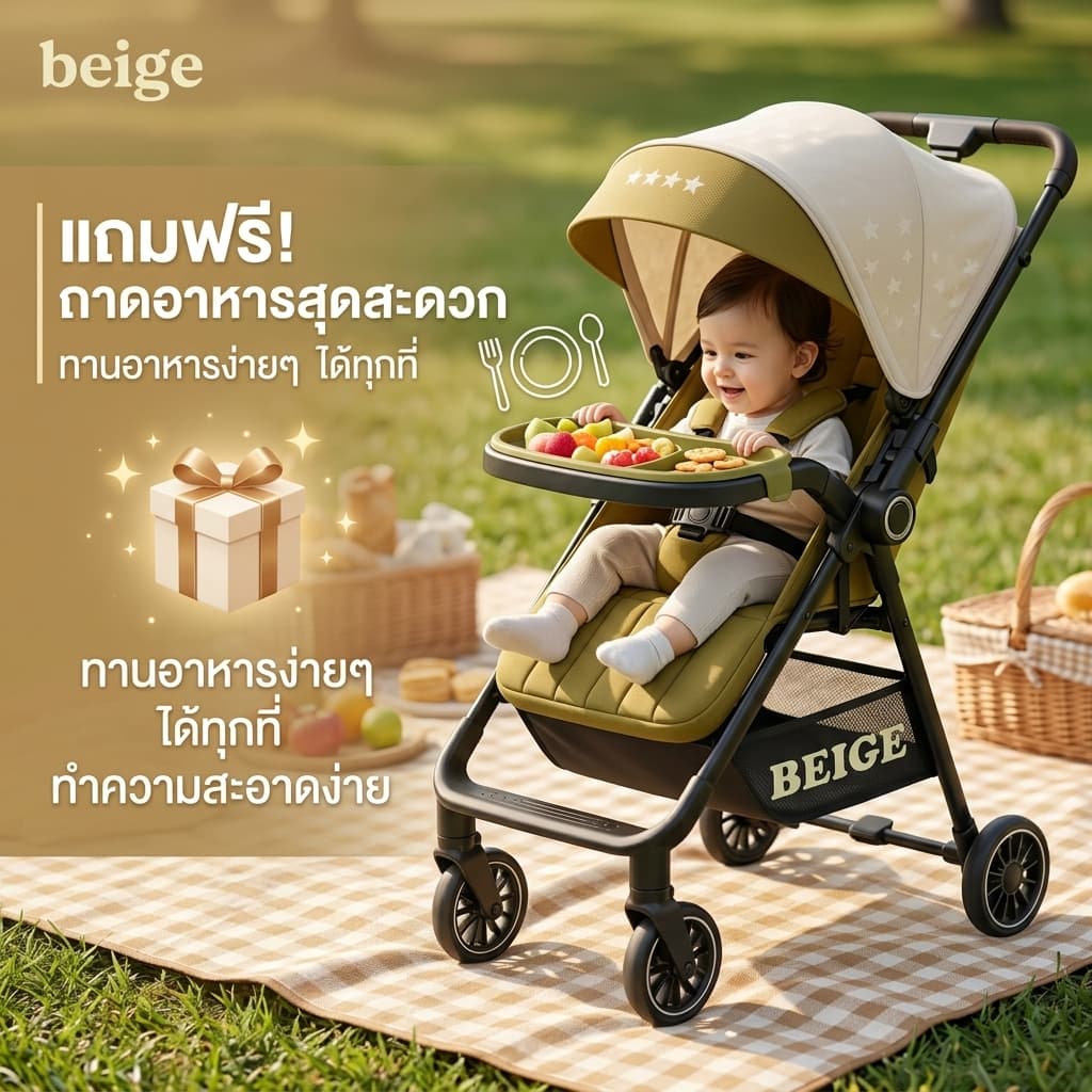 Beige รถเข็นเด็กพับได้ 4.9KG เข็นได้ 2 ทิศทาง รถเข็นเด็กแรกเกิด 0-6 ปี ล้อ 360° มีเบรก พกพาง่าย รูปที่ 8