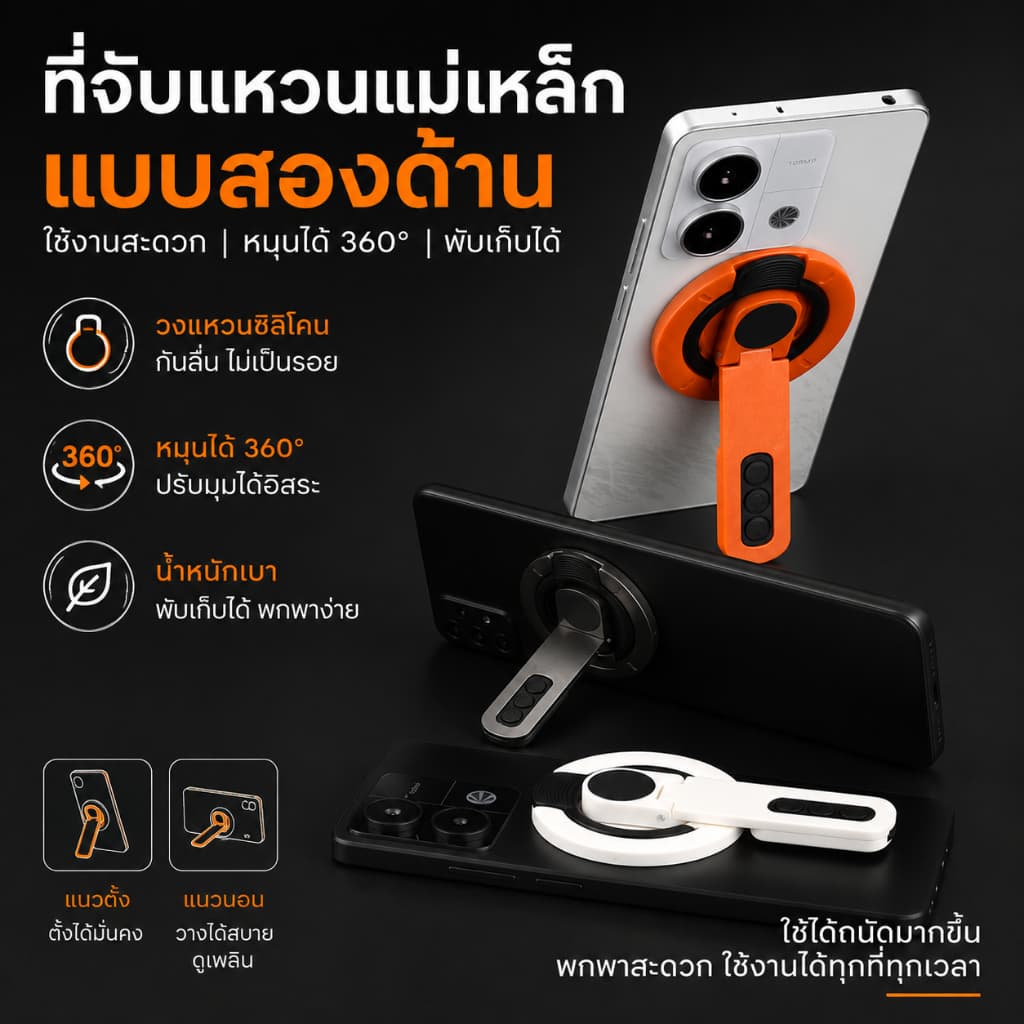 ที่วางโทรศัพท์แม่เหล็กสองด้าน แม่เหล็กแรงสูง Magnetic holderหมุน360° พับได้ พร้อมที่วางแหวนนิ้ว บางเฉียบ ที่ยึดแม่เหล็ก รูปที่ 1