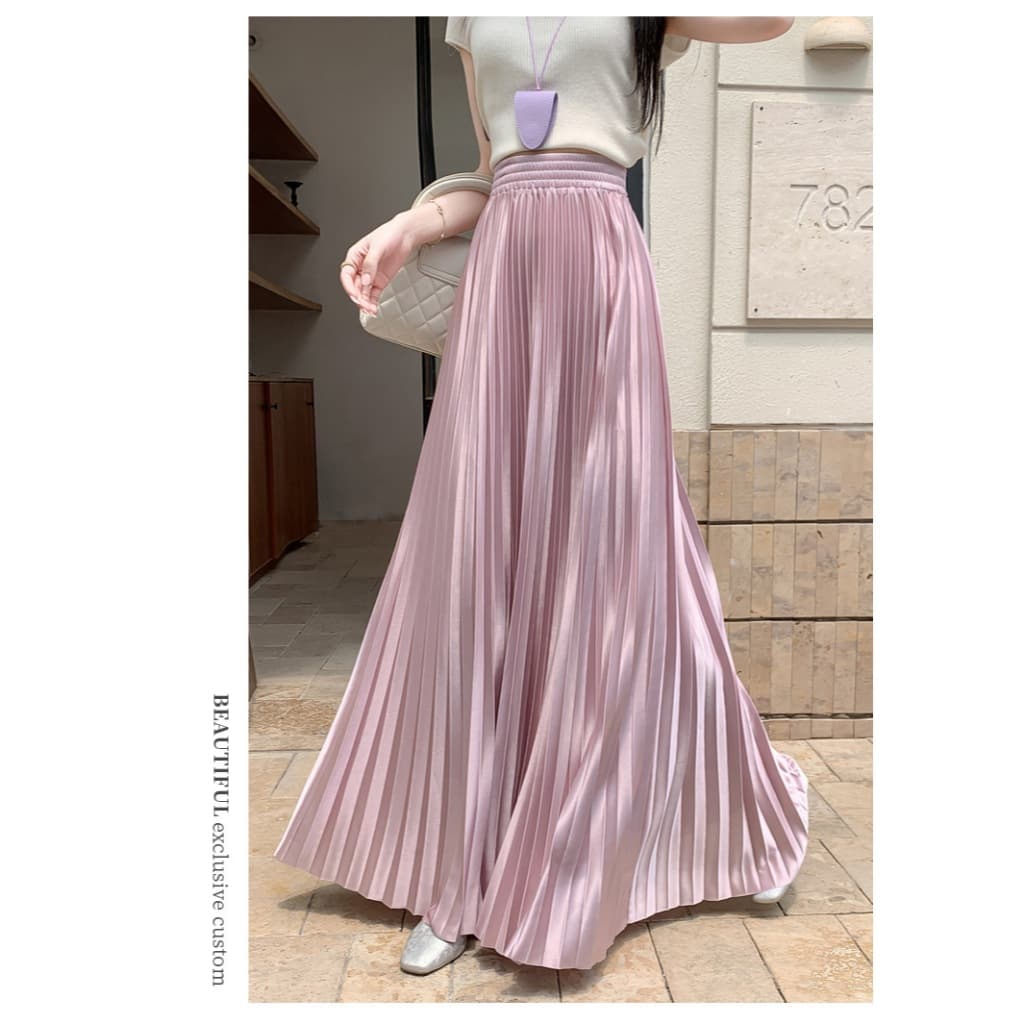 Zenmoya Satin Maxi Skirt กระโปรงยาวผ้าซาติน กระโปรงพลีทสีพื้นจีบทรงสวย เอวสูง ขอบเอวยางยืด รูปที่ 9